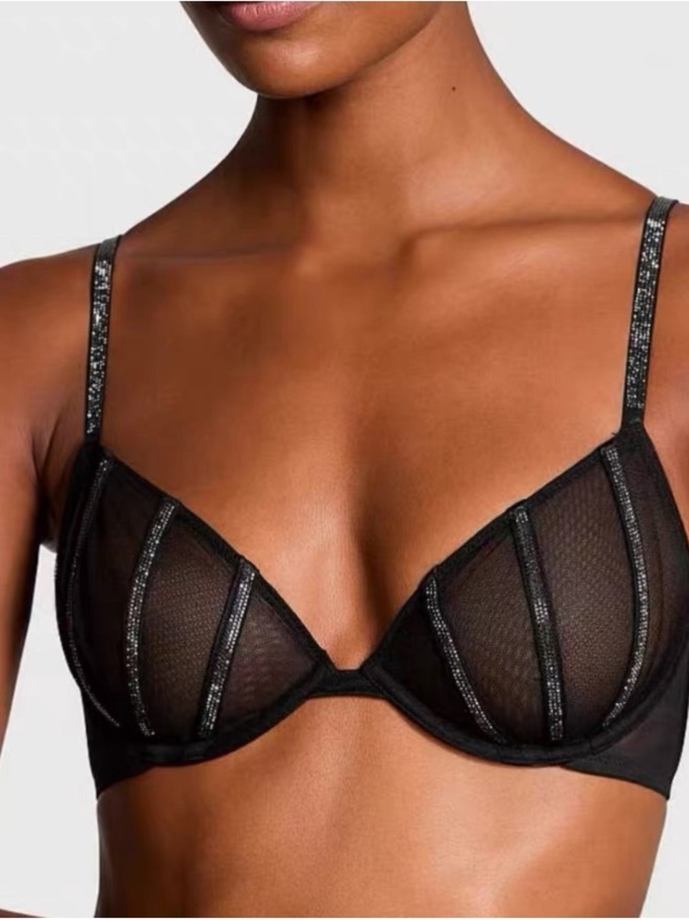 Victoria's Secret Black Sheer Underwire Bra with Sparkle Straps & Panty Set